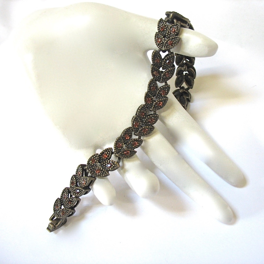 Rhinestone Link Bracelet, Antiqued Gold, 1980's